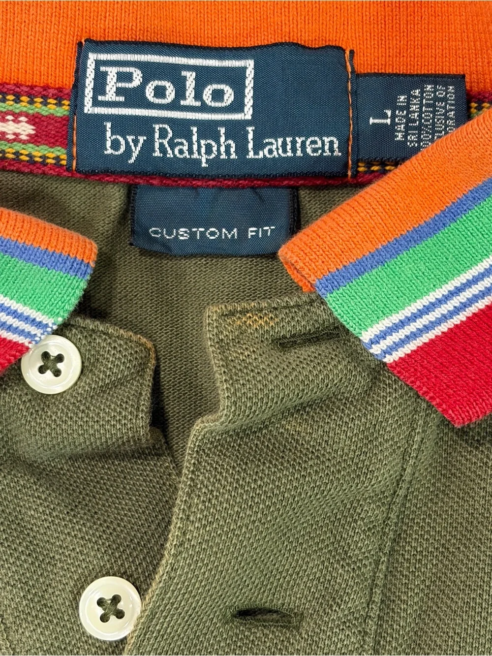 Polo by Ralph Lauren Olive Polo with Orange & Multicolor Stripe Collar